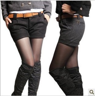 Free Shipping autumn winter women fashion all-match woolen Pleated suit shorts boot pants With Belt(Black+Gray+S/M/L/XL)121224#6