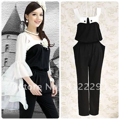 Free shipping color patchwork sleeveless strap pocket ladies casual loose slim long Jumpsuits & Rompers 2012 new fashion