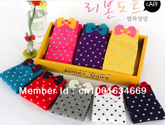 Free shipping colourful spot cotton boat socks,Korean women cute stockings,novelty bowknot socks A002