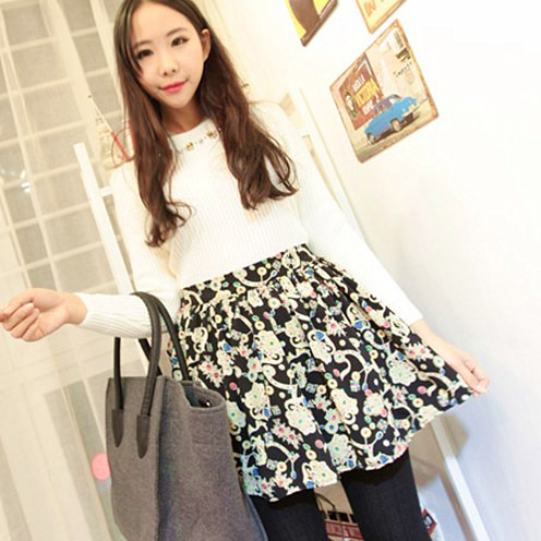 Free Shipping Cute Colorful Flower Printed Ball Gown Style Elastic Waist Skirt Black