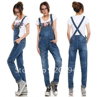 Free Shipping Fashion Denim Lady Work wear,2012 Wholesale Suspender Women's Straight Overalls,Long Gallus Trouser Jean