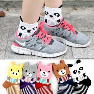 Free Shipping Hot sale!1 lot=20pcs=10pairs female 100% cotton socks candy color Panda cartoon women socks