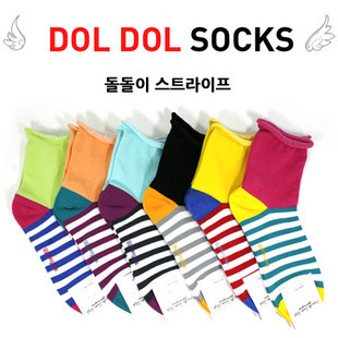Free Shipping Kawaii 6 pcs/lot Korean Fashion Candy Color Stripes 100% Cotton Socks Roll-up Hem Socks Wholesale