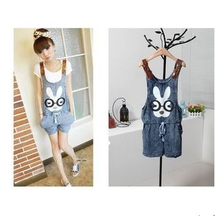 Free shipping Korean Casual Sweet women's cute 'Bespectacled rabbit'print waist with elastic denim suspenders shorts Jumpsuits