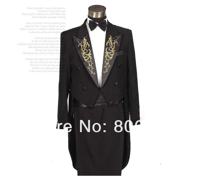 Free shipping Men`s Neckline embroidery Tuxedo Magic Show Performed black and white color ( jacket + pant ) size: S M L XL