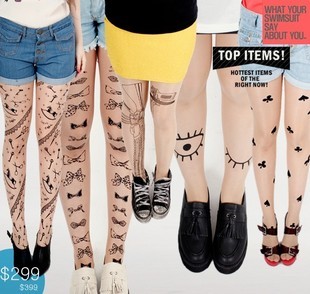 Free Shipping Min.Order $15_ HARAJUKU tatoo print stockings invisible ultra-thin incarcerators pantyhose