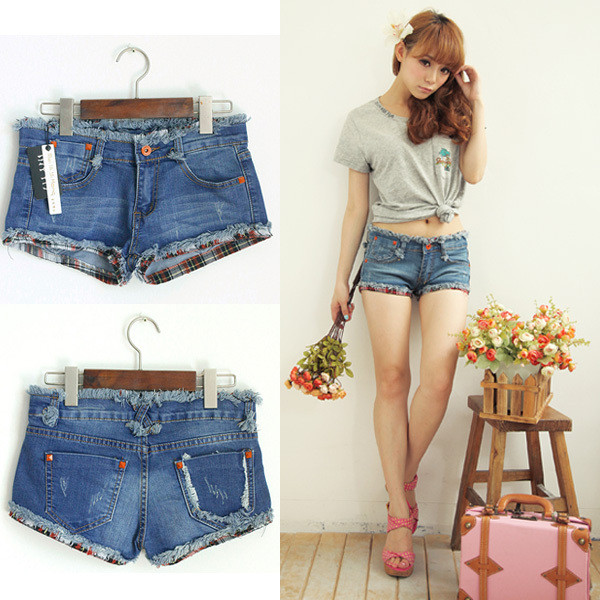 Free Shipping new arrival grid cloth roll up hem orange rivet buttons denim shorts jeans trousers for women MY0168sK