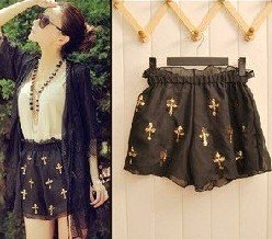 free shipping New arrival Lady casual elastic waist shorts Women vintage High Waisted Golden sequined cross chiffon Shorts