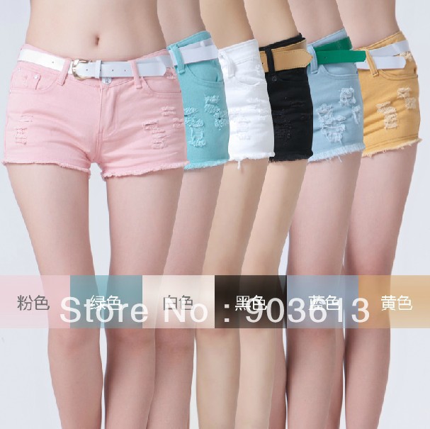 Free shipping new women's fashion solid all-match hole 100% cotton  plus size denim shorts hot pants with belt 6 colors 7 sizes