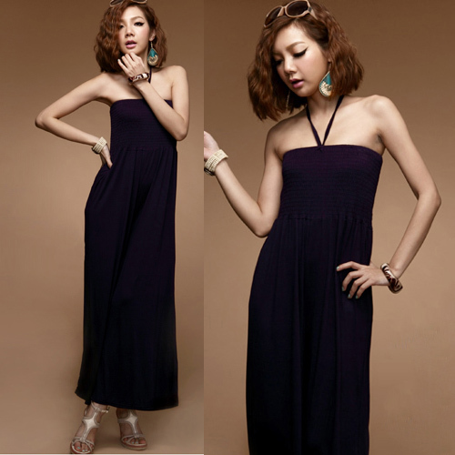 Free shipping Purple Self Tie Halter Neck Backless Elastic Top Sleeveless Jumpsuit for Ladies XS