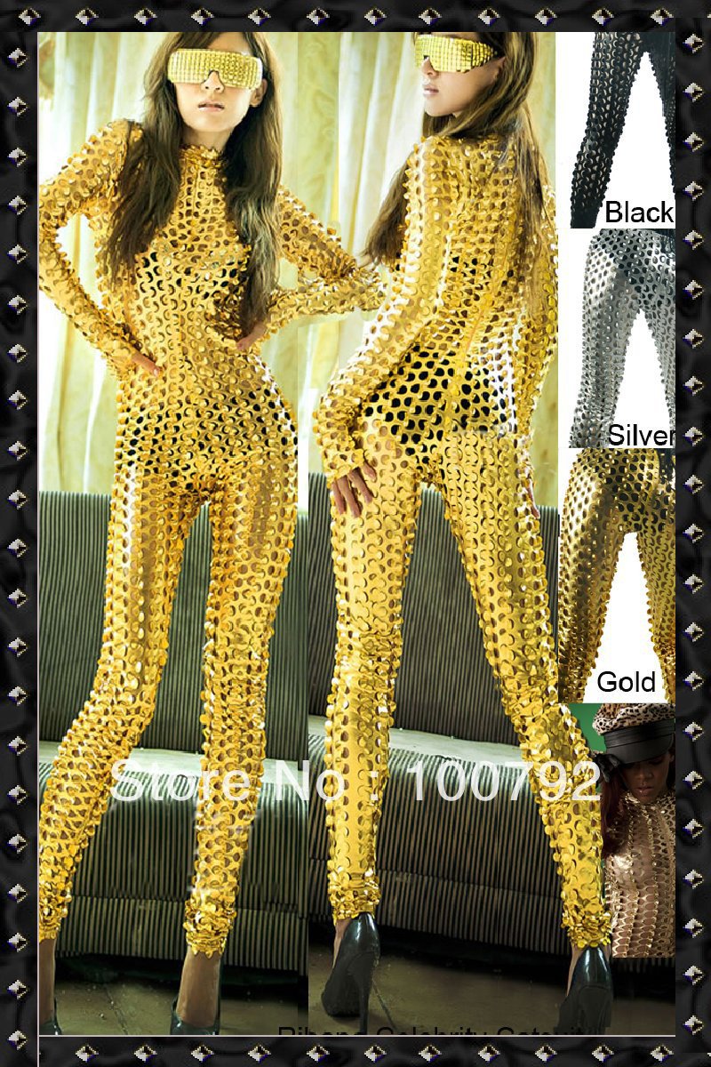 Free shipping rock gothic sexy fetish stretch gold shiny  metal lycra rihanna laquan cut out catsuit overall  celebrity style
