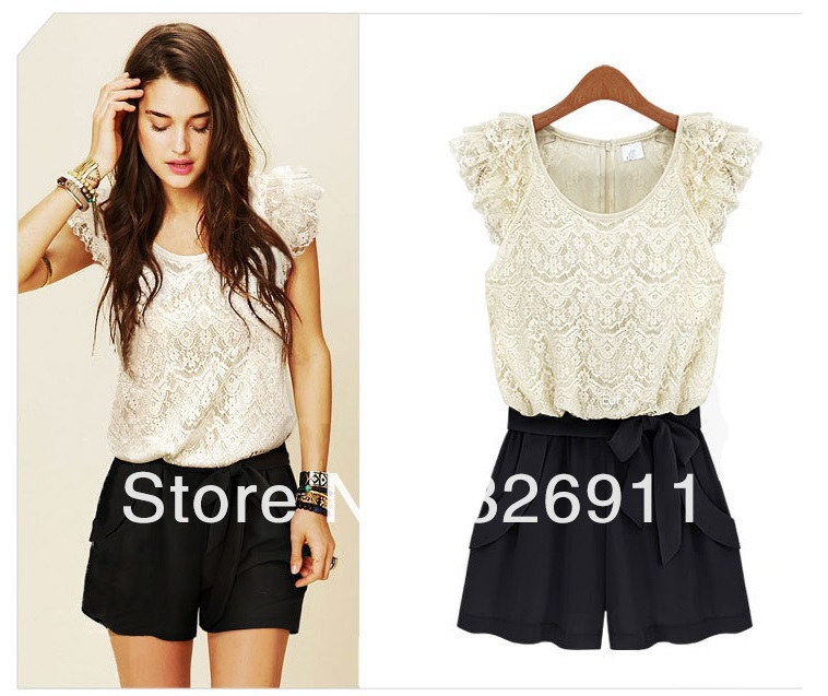 Free Shipping Rompers lace openwork stitching collision color ladies Siamese culottes summer women dress