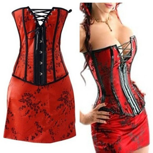 free shipping Sexy Lace up Floral Corset Bustier Mini Skirt Dress plus size S- 2XL Red  S312
