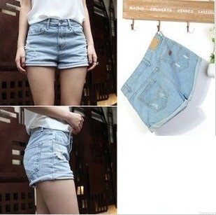 Free shipping Summer loose high waist denim shorts vintage roll-up hem lowing blue shorts female wholesale