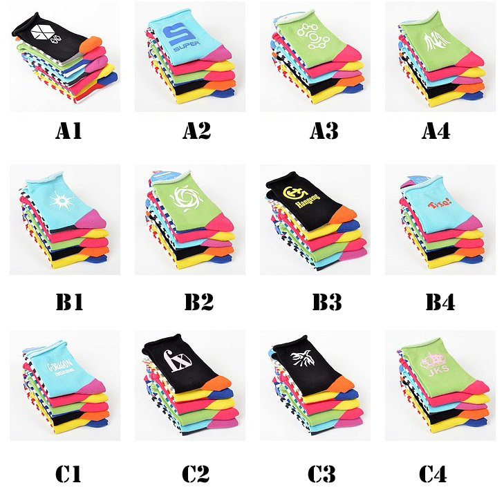 Free shipping, wholesale cotton kpop group colorful split joint fashion socks k-pop bigbang/SNSD/TEENTOP/SJ/SHINEE etc.