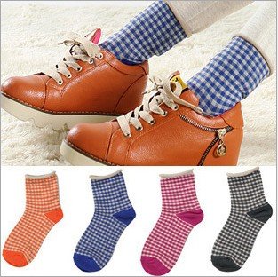 Free shipping wholesale lovely crimping Korean fashion style plaid cotton women sock 6colors per package