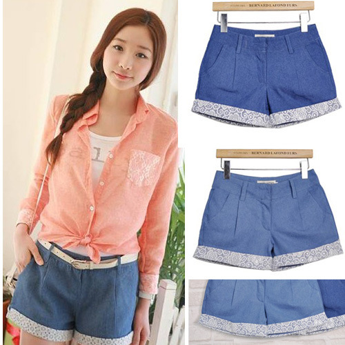 Free shipping women 2013 new sweet lady lace shorts overalls princess pants short jeans trousers mid waist plus size