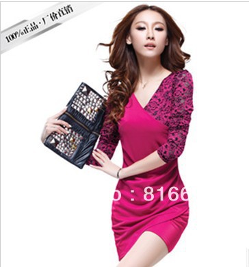 Free shipping   women'dress chiffon lace fashion dress  waist the lace waist 7 points sleeve dress