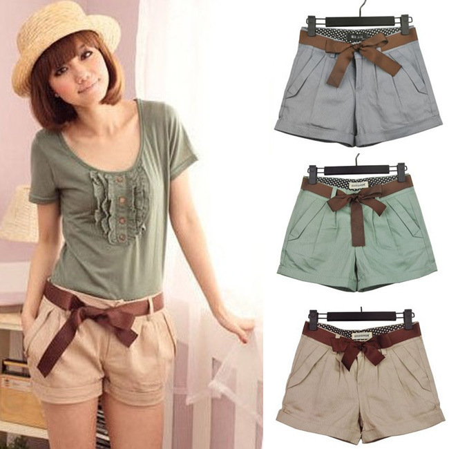 Free shipping Women fashion cotton curling shorts ladies short pants with belt sashes plus size solid color