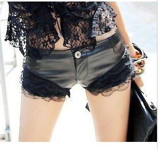 Free Shipping Women Fashion Sexy PU Leather Shorts Lace Patching Hot Skinny Short Pants S/M/L DK-020