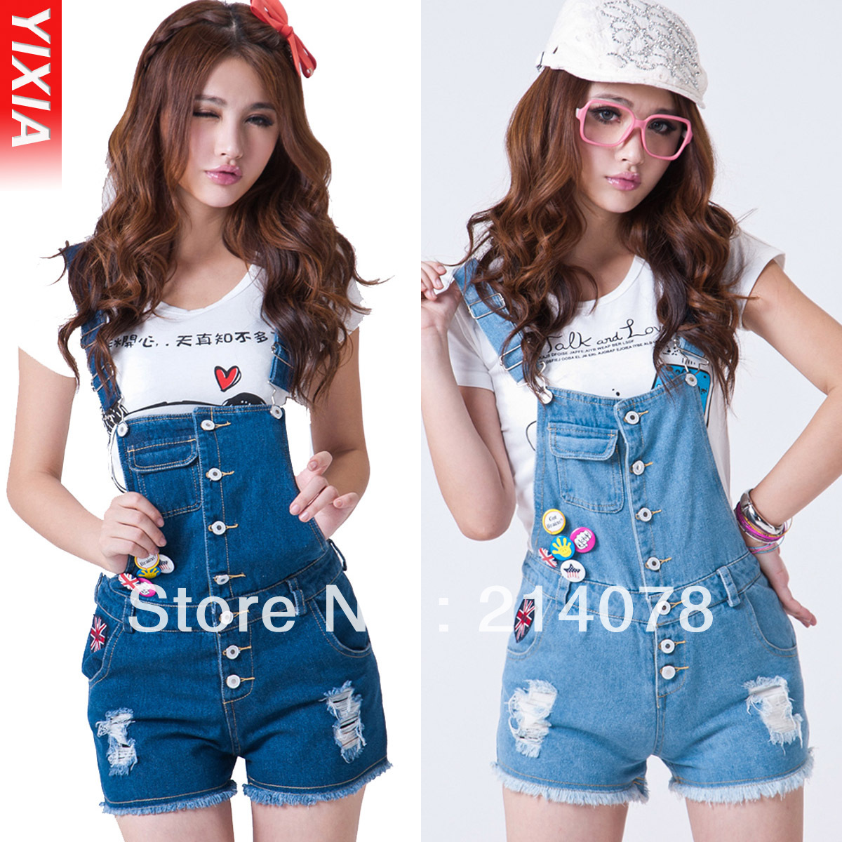 Free shipping women multi-button distrressed denim jumpsuit female sweet preppy style shorts overalls