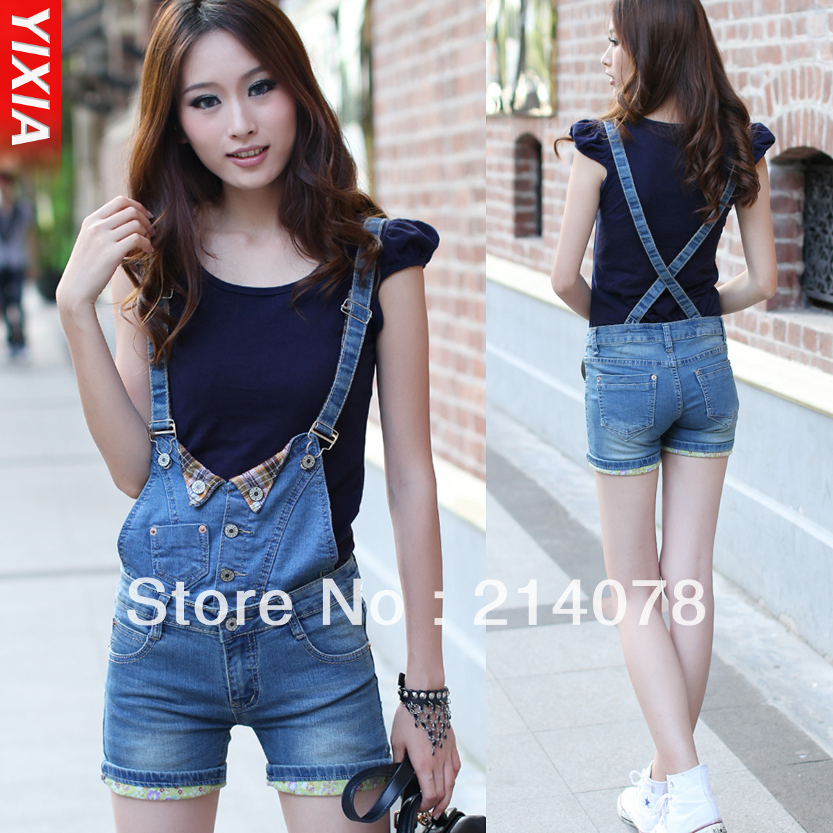 Free shipping women sweet denim jumpsuit female sexy skinny short / overalls removable suspenders
