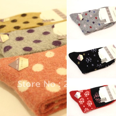 freeshipping  five-pointed star polka dot rose autumn and winter thickening  rabbit wool socks for women