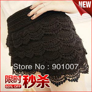 Freeshipping Women's multi-layer lace cutout crochet shorts solid color sexy safety pants basic skirt pants