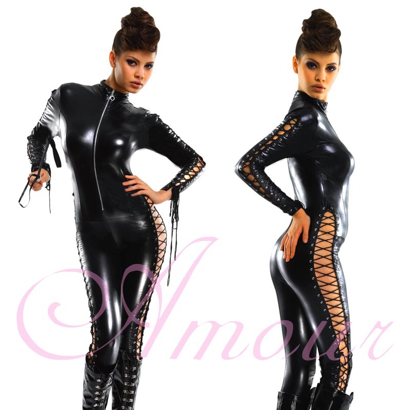 Gothic Punk Wetlook Zipper Front Lace up Overall Catsuit Romper Free Shipping @P7106