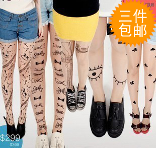 HARAJUKU tatoo print stockings invisible ultra-thin pantyhose female