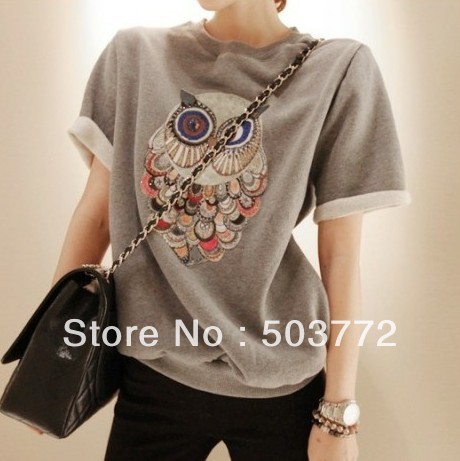 In early spring 2013 Korean new sweet and lovely cartoon owl Rhinestone short-sleeved all-match T-shirtE883