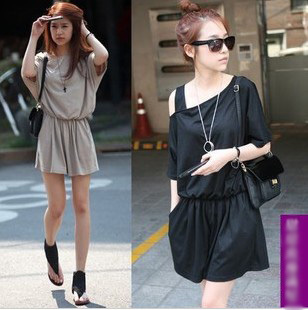 Korea Version Dew Shoulder Jumpsuits Short-Sleeve Black/Light-Gray Leisure Fashion Women Clothes Cotton Blending