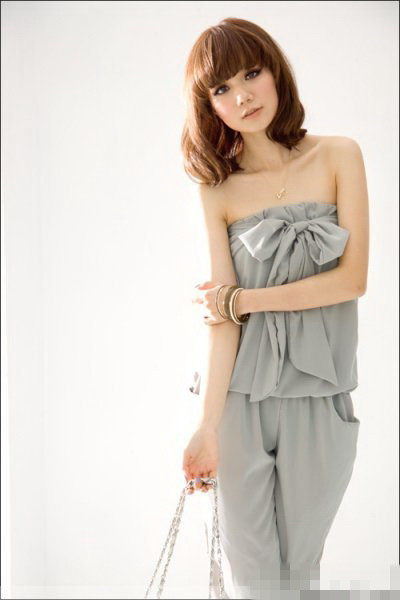 Korea Women Bowknot Strapless Jumpsuits Rompers Casual Cropped Pants 2 Colors