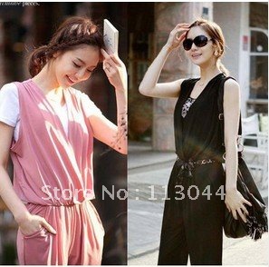 Korean Fashion Womens Trendy Ladies Sleeveless Deep V Neck Jumpsuit Pink Black + Blet