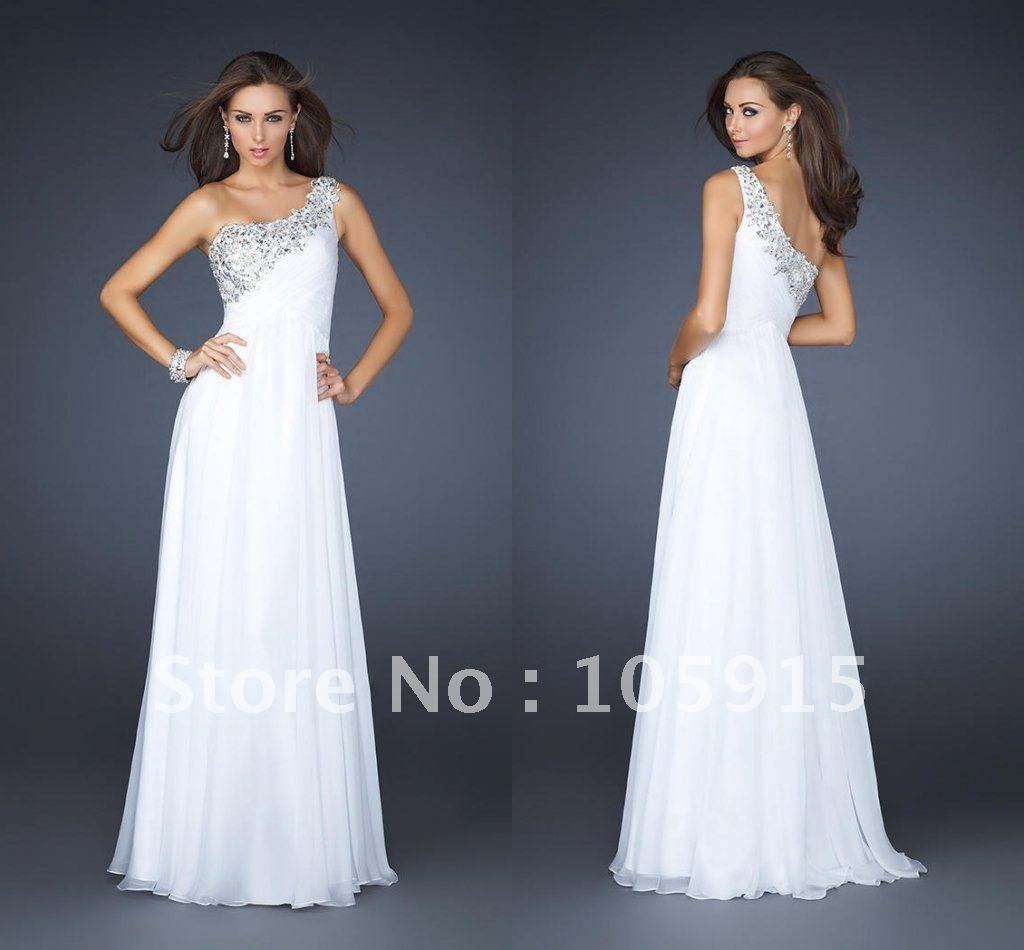 (MG-19)Hot Sale One-Shoulder Beaded A-line Long White Chiffon Gossamer Graduation Dresses