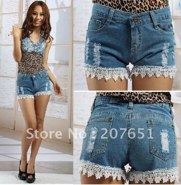 New fashion women's clothes Sex fringed frayed Lace denim shorts Jean short S-XL