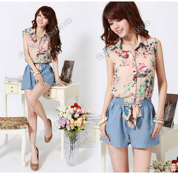 New Fashion Womens Ladies Clothing Floral Print Summer Chiffon Casual Tops Short Romper Jumpsuit S Size S Free Shipping 0594