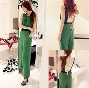 New folds green color back wide leg Siamese Chiffon Jumpsuits Rompers