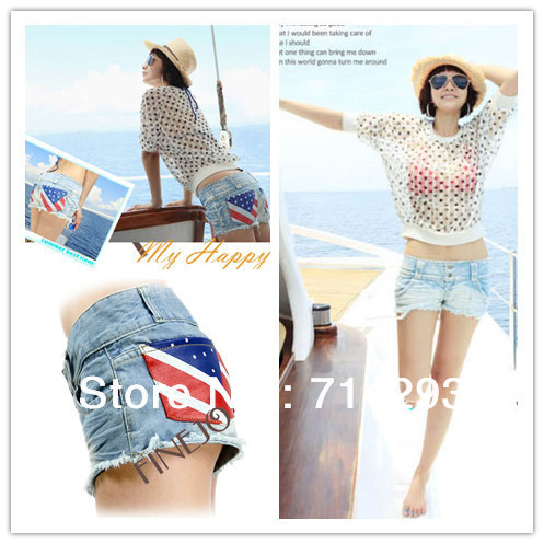 New Women casual jeans shorts With American flag denim jeans shorts summer pants Free Shipping 5353