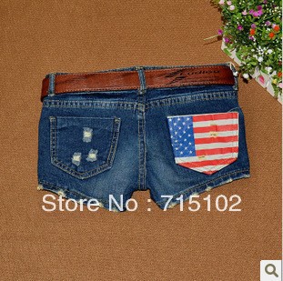 New women's flag denim shorts cotton was thin holes in jeans