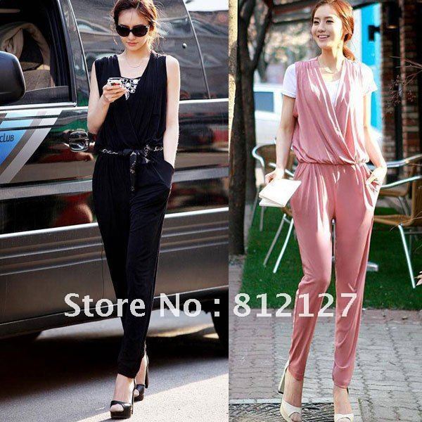 New Women's Jumpsuits V-neck Fashion Pink Black Casual Ladies Sleeveless Belted Jumpsuits
