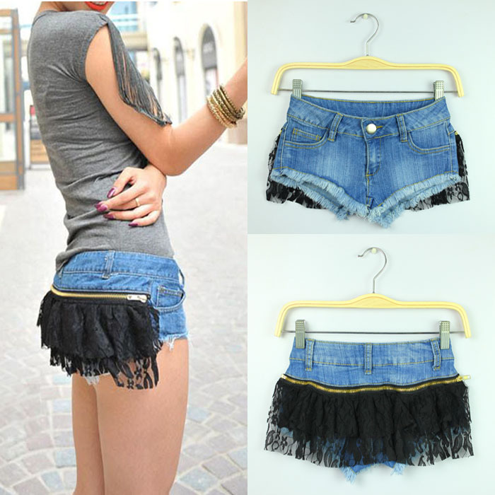 Qiaotun Low Waist PP Removable Lace Sexy Denim Shorts Shorts Free Shipping ID: SLA174