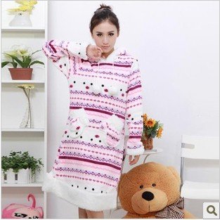 Qiu dong coral fleece hooded hedge nightgown female money long sleeve snow patch pocket leisure wear