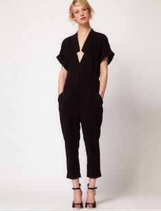 quality early autumn work lady v-neck design batwing sleeve black women one piece jumpsuits PL12072608