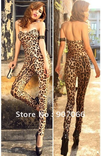 Retail and Wholesale! Hottest ! Free Shipping ! S/M/L Ice Silk Leather Leopard Skinny Sexy Women Jumpsuit . Y-247