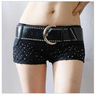 Rivet hot drilling wide belt DS lead clothing shop pole-dancing night ultra low waist sexy shorts and hot pants