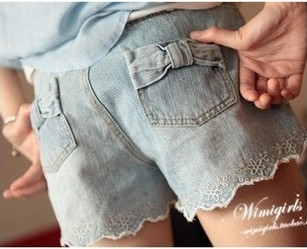 SALE Fashion 702 2012 trousers embroidery back bow light color water wash denim shorts Free Shipping