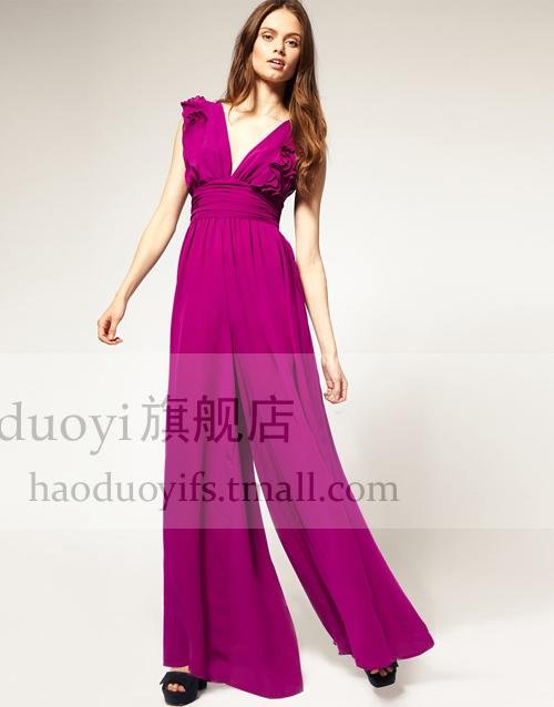 sexy deep v-neck chiffon high-waist jumpsuit with ruffles free shipping for epacket and china post air mail