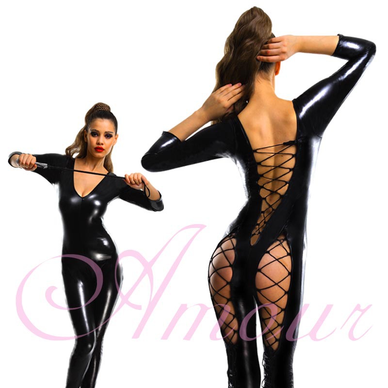 Sexy Gothic Punk Black Wetlook Lace Up Open Back Catsuit Romper Stripper Free Shipping @P7039