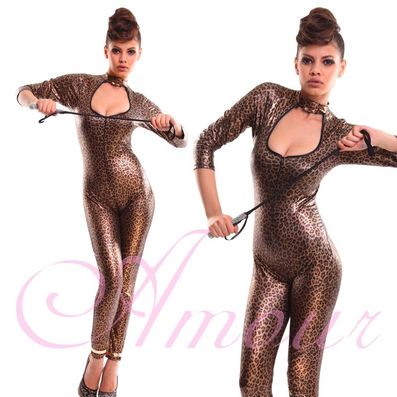 Sexy Gothic Punk Leopard Print Metallic Catsuit Overall Romper Free Shipping @P7101